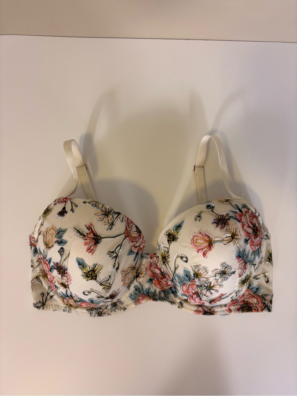 New Victoria's Secret White Floral Lined Demi Bra with Pink & Blue Accents 34DD